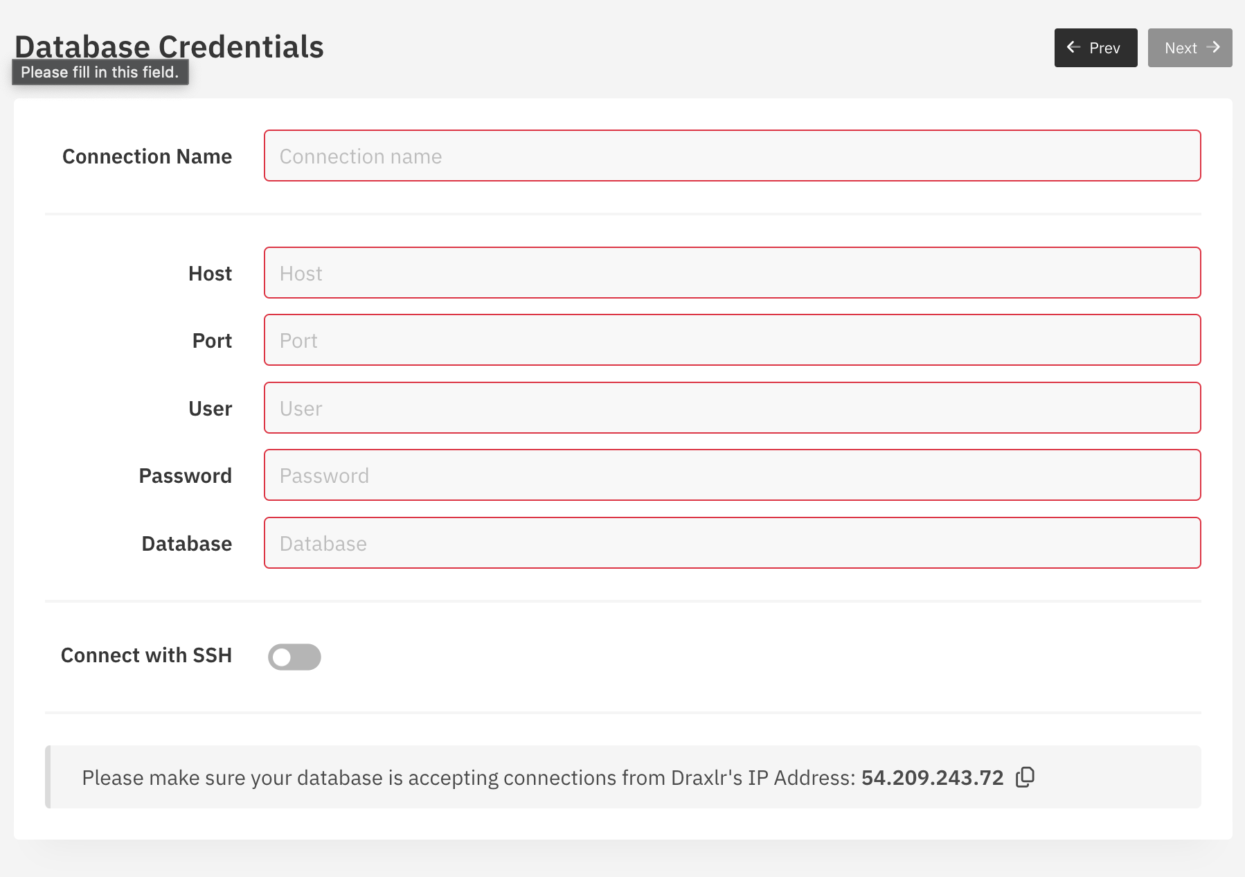 Draxlr connection form showing ClickHouse database configuration options - Zoomed