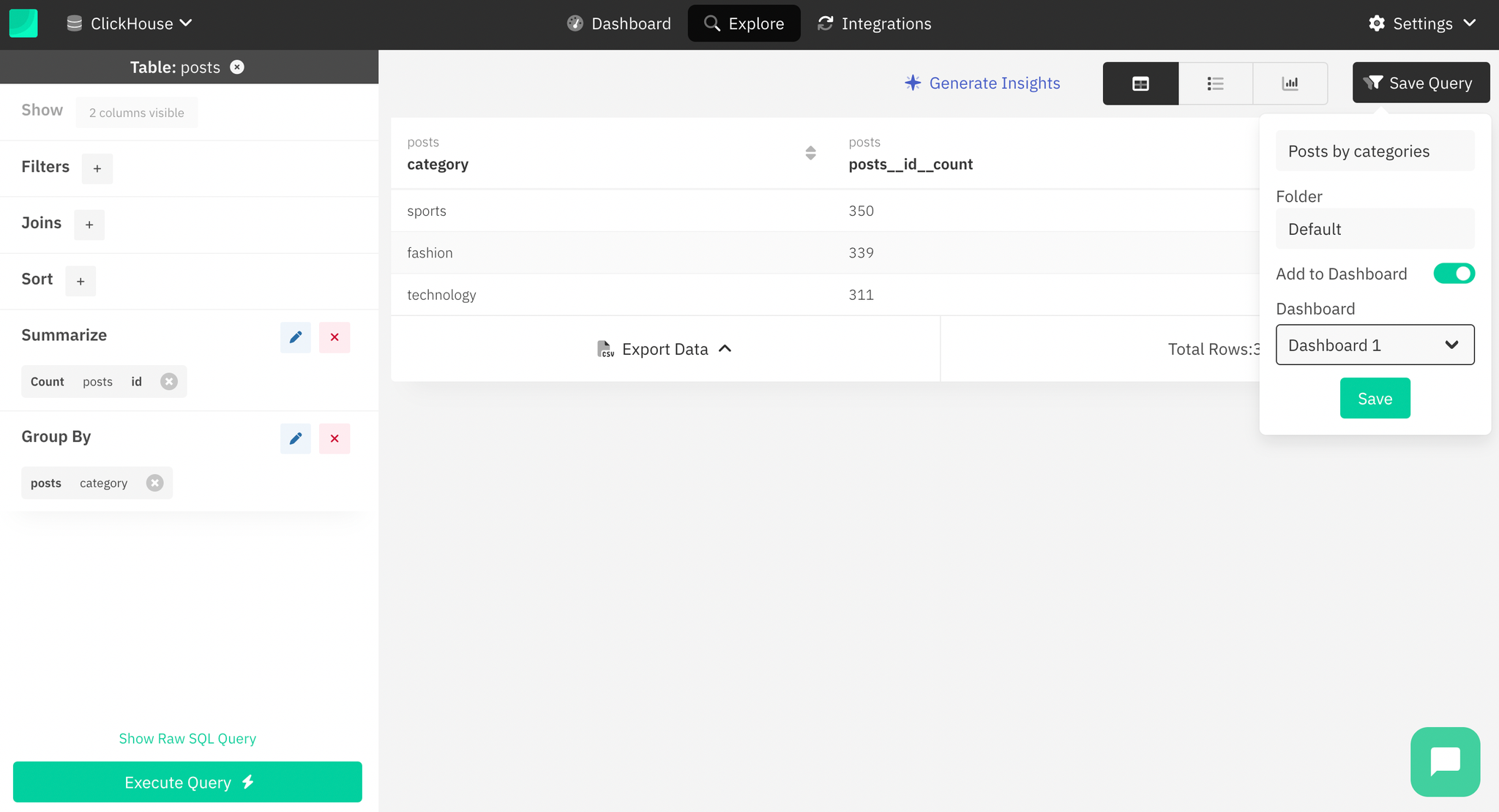 Draxlr save query dialog with dashboard options - Zoomed