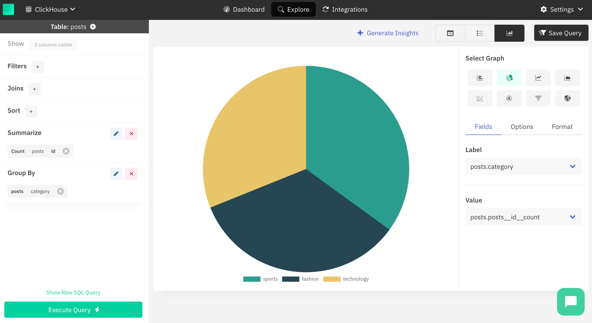 Draxlr graph visualization options for ClickHouse data - Zoomed